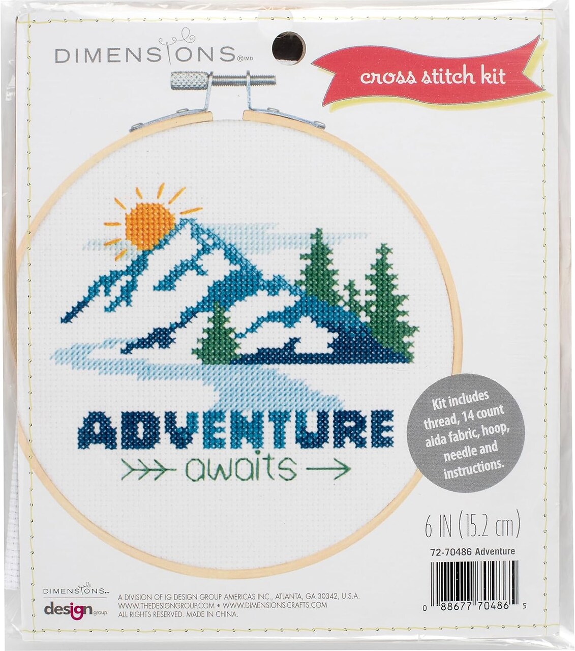 Adventure Awaits Counted Cross Stitch Kit – 6" Mountain Landscape Design with 14CT Aida, Bamboo Hoop, Threads & Needle, Beginner-Friendly DIY Embroidery, 5 Pieces